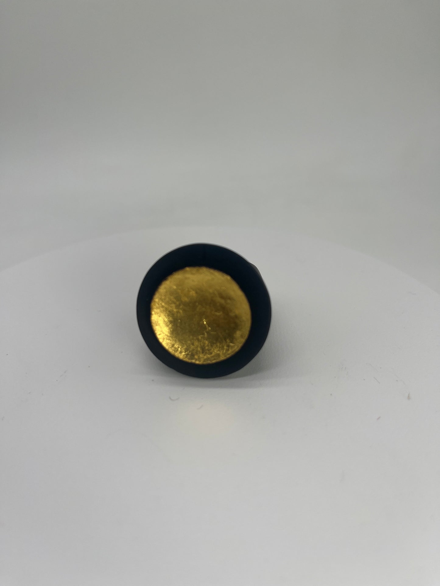 Handcrafted ebony wood ring large round sculpted 24k gold leafing accent